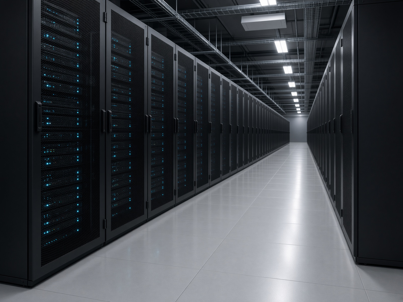 Cold aisle of a modern data center with rows of server cabinets