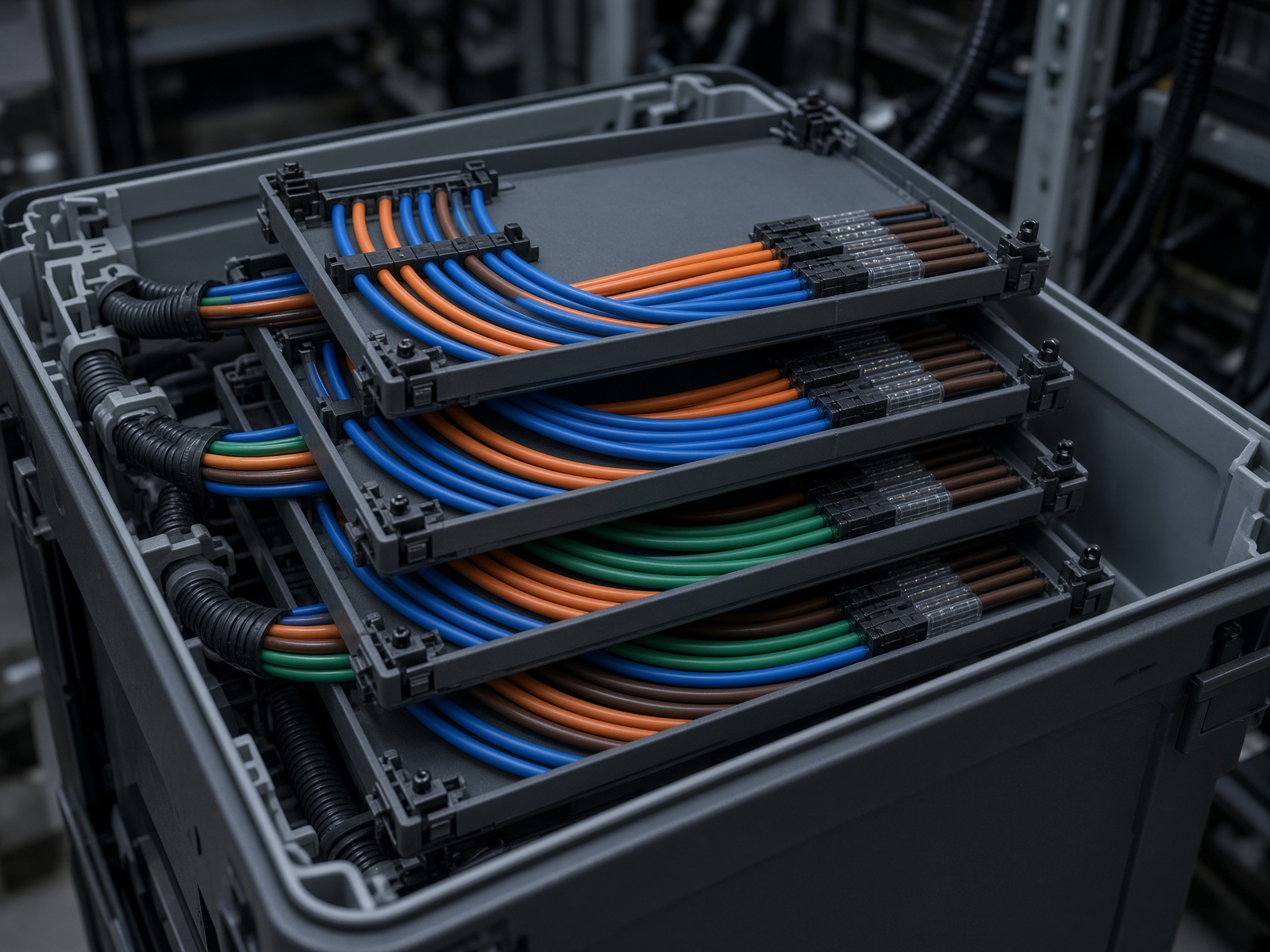 Color-coded fiber splice trays in a telecom plant